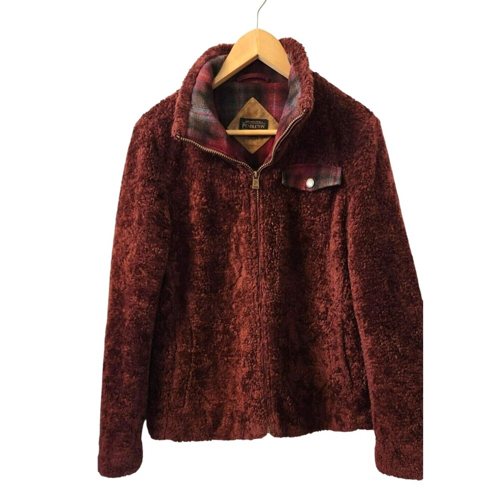 Pendleton Women's Flannel Lined Full Zip Dark RED ‎ Sherpa Sweater Jacket Medium